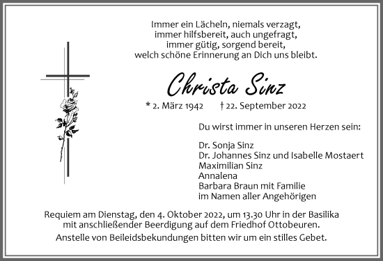 Traueranzeige von Christa Sinz von Memminger Zeitung