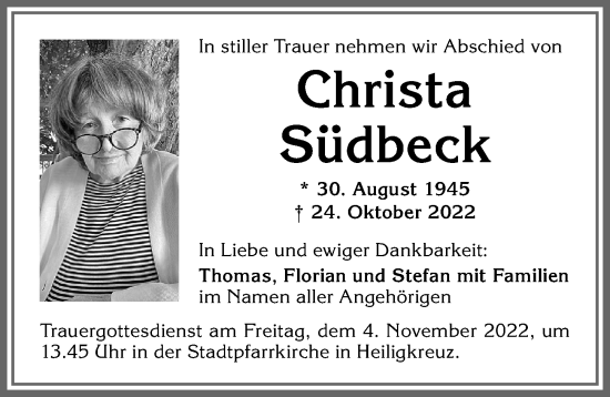 Traueranzeige von Christa Südbeck von Allgäuer Zeitung,Kempten