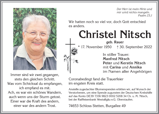 Traueranzeige von Christel Nitsch von Allgäuer Anzeigeblatt