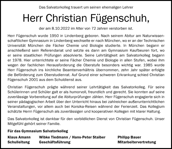 Traueranzeige von Christian Fügenschuh von Der Westallgäuer