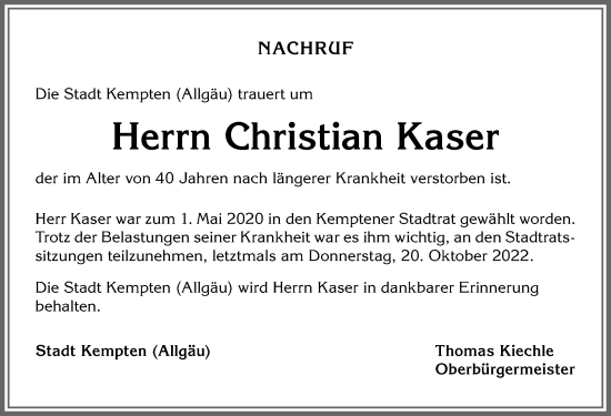 Traueranzeige von Christian Kaser von Allgäuer Zeitung,Kempten