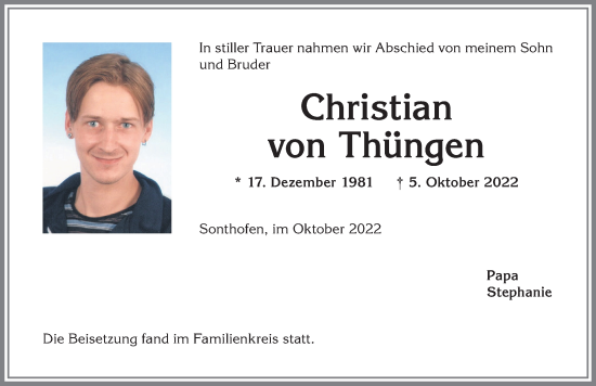 Traueranzeige von Christian von Thüngen von Allgäuer Anzeigeblatt