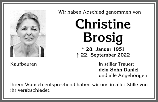 Traueranzeige von Christine Brosig von Allgäuer Zeitung, Kaufbeuren/Buchloe