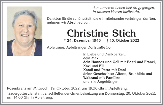 Traueranzeige von Christine Stich von Allgäuer Zeitung, Marktoberdorf