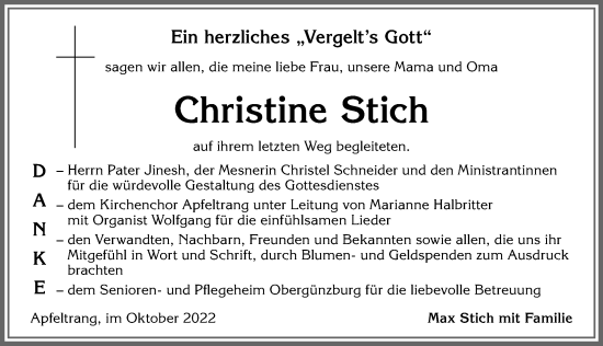 Traueranzeige von Christine Stich von Allgäuer Zeitung, Kaufbeuren/Buchloe
