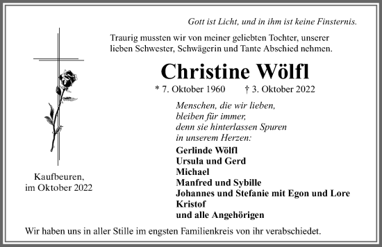 Traueranzeige von Christine Wölfl von Allgäuer Zeitung, Kaufbeuren/Buchloe