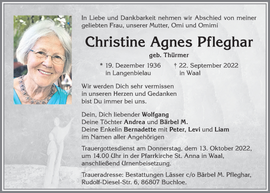 Traueranzeige von Christine Agnes Pfleghar von Allgäuer Zeitung, Kaufbeuren/Buchloe