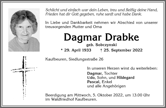 Traueranzeige von Dagmar Drabke von Allgäuer Zeitung, Kaufbeuren/Buchloe