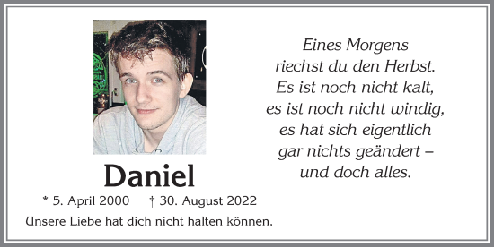 Traueranzeige von Daniel  von Allgäuer Zeitung,Kempten