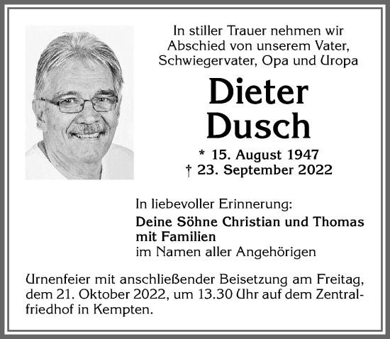 Traueranzeige von Dieter Dusch von Allgäuer Zeitung,Kempten