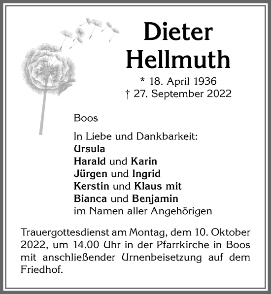 Traueranzeige von Dieter Hellmuth von Memminger Zeitung