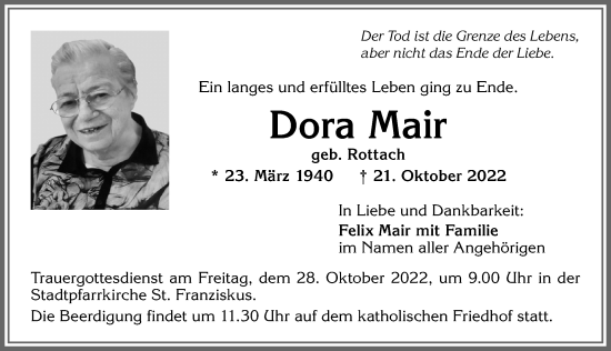 Traueranzeige von Dora Mair von Allgäuer Zeitung,Kempten