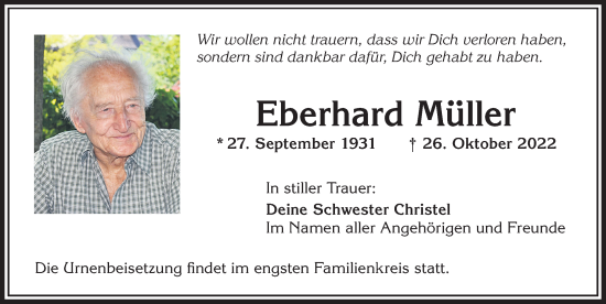 Traueranzeige von Eberhard Müller von Allgäuer Zeitung,Kempten