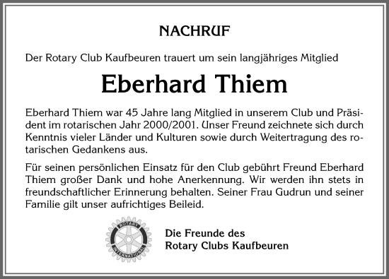 Traueranzeige von Eberhard Thiem von Allgäuer Zeitung, Kaufbeuren/Buchloe