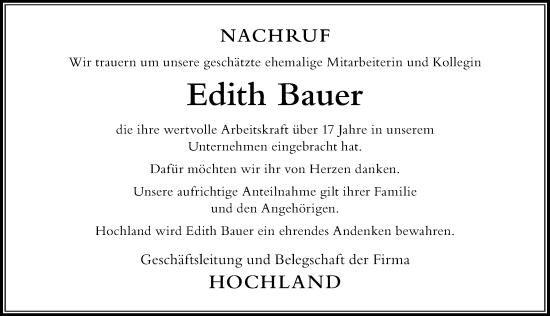 Traueranzeige von Edith Bauer von Der Westallgäuer