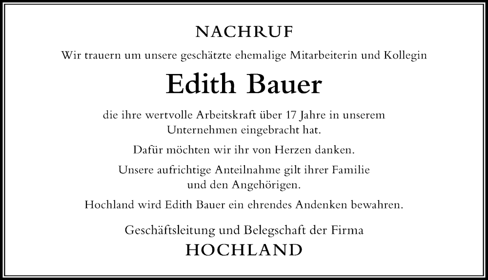  Traueranzeige für Edith Bauer vom 04.10.2022 aus Der Westallgäuer