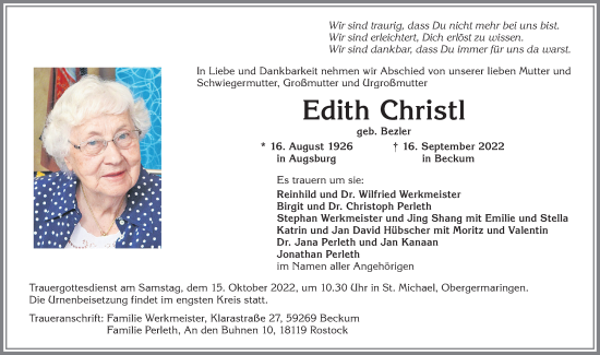 Traueranzeige von Edith Christl von Allgäuer Zeitung, Kaufbeuren/Buchloe