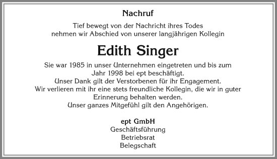 Traueranzeige von Edith Singer von Allgäuer Zeitung, Füssen