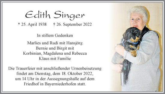 Traueranzeige von Edith Singer von Allgäuer Zeitung, Füssen