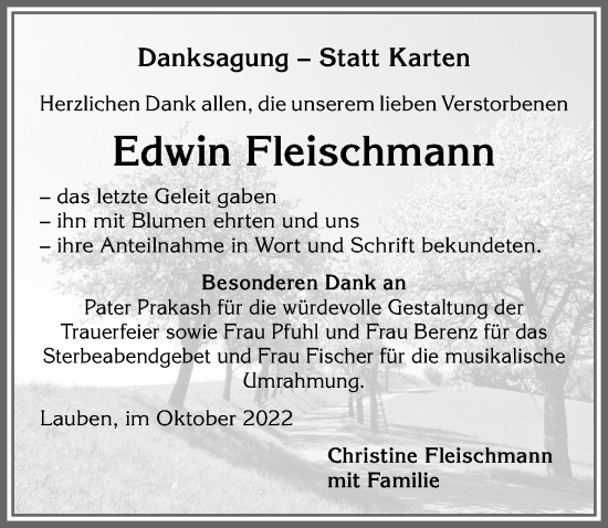 Traueranzeige von Edwin Fleischmann von Allgäuer Zeitung,Kempten
