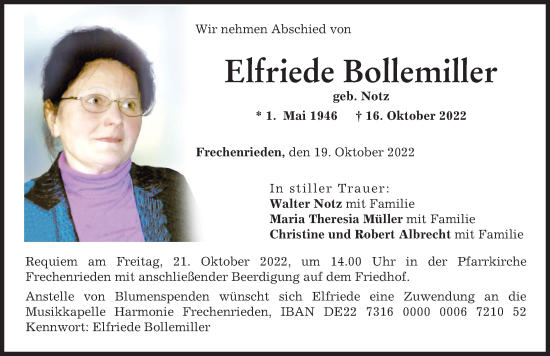 Traueranzeige von Elfriede Bollemiller von Memminger Zeitung