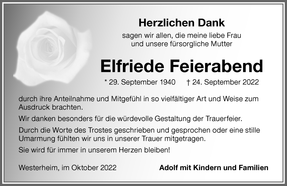  Traueranzeige für Elfriede Feierabend vom 15.10.2022 aus Memminger Zeitung