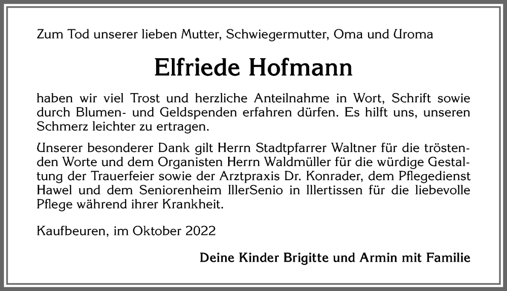  Traueranzeige für Elfriede Hofmann vom 10.10.2022 aus Allgäuer Zeitung, Kaufbeuren/Buchloe