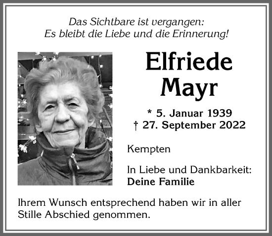 Traueranzeige von Elfriede Mayr von Allgäuer Zeitung,Kempten