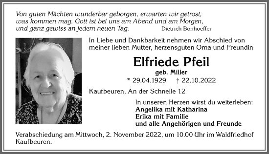 Traueranzeige von Elfriede Pfeil von Allgäuer Zeitung, Kaufbeuren/Buchloe