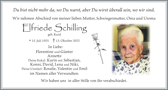 Traueranzeige von Elfriede Schilling von Allgäuer Zeitung, Füssen