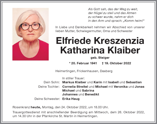 Traueranzeige von Elfriede Kreszenzia Katharina Klaiber von Memminger Zeitung