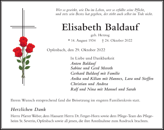 Traueranzeige von Elisabeth Baldauf von Der Westallgäuer