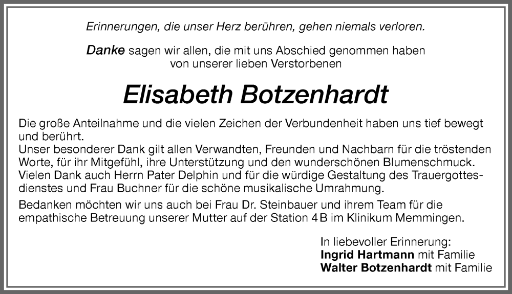  Traueranzeige für Elisabeth Botzenhardt vom 06.10.2022 aus Memminger Zeitung