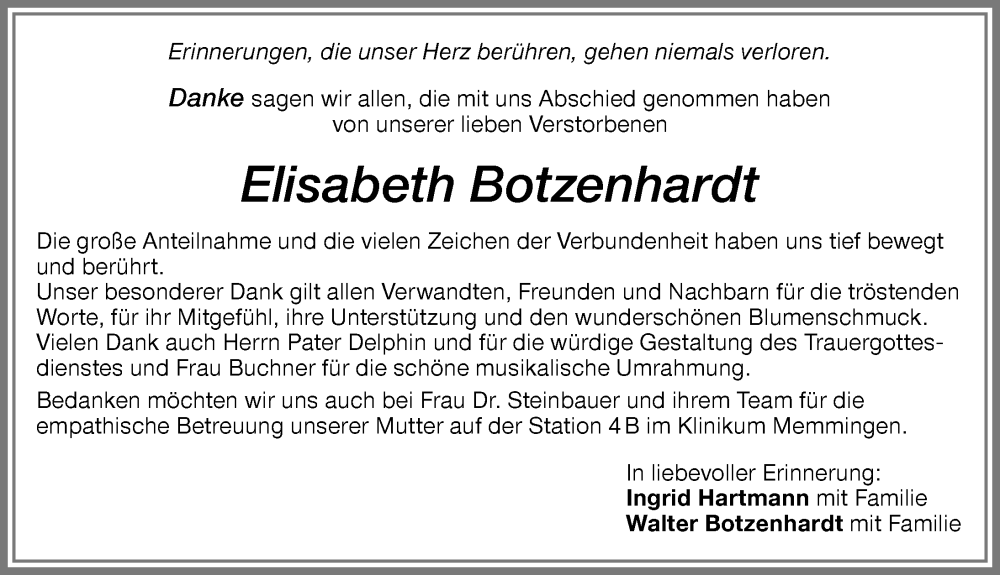  Traueranzeige für Elisabeth Botzenhardt vom 05.10.2022 aus Memminger Zeitung