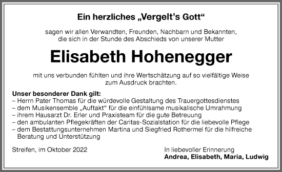 Traueranzeige von Elisabeth Hohenegger von Memminger Zeitung