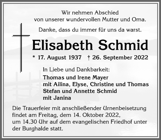 Traueranzeige von Elisabeth Schmid von Allgäuer Zeitung,Kempten
