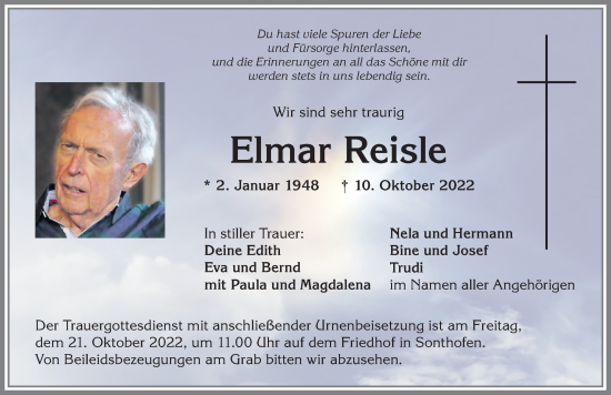 Traueranzeige von Elmar Reisle von Allgäuer Anzeigeblatt