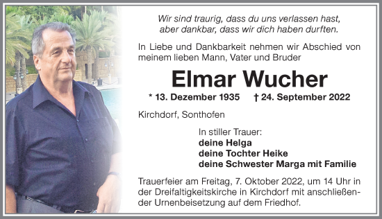 Traueranzeige von Elmar Wucher von Memminger Zeitung