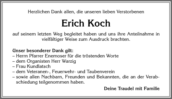 Traueranzeige von Erich Koch von Allgäuer Zeitung, Kaufbeuren/Buchloe