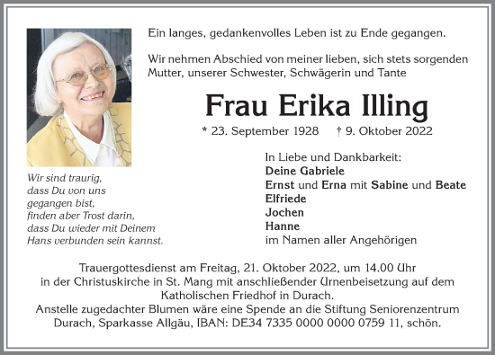 Traueranzeige von Erika Illing von Allgäuer Zeitung,Kempten
