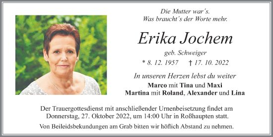 Traueranzeige von Erika Jochem von Allgäuer Zeitung, Füssen
