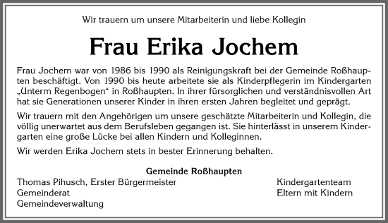 Traueranzeige von Erika Jochem von Allgäuer Zeitung, Füssen