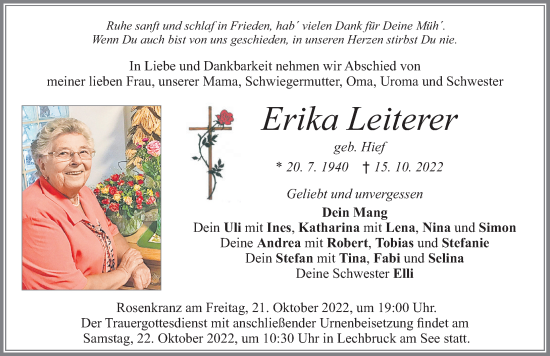 Traueranzeige von Erika Leiterer von Allgäuer Zeitung, Füssen