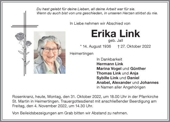 Traueranzeige von Erika Link von Memminger Zeitung
