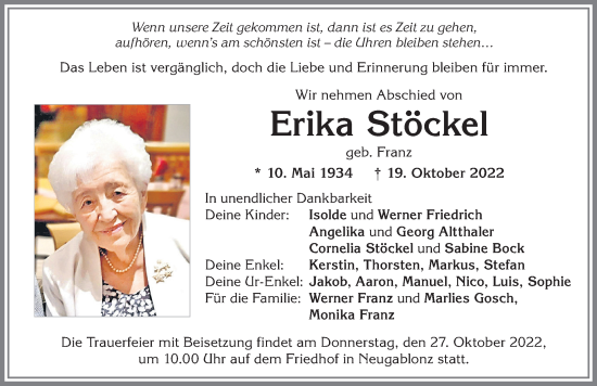 Traueranzeige von Erika Stöckel von Allgäuer Zeitung, Kaufbeuren/Buchloe