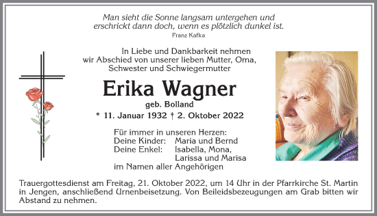 Traueranzeige von Erika Wagner von Allgäuer Zeitung, Kaufbeuren/Buchloe