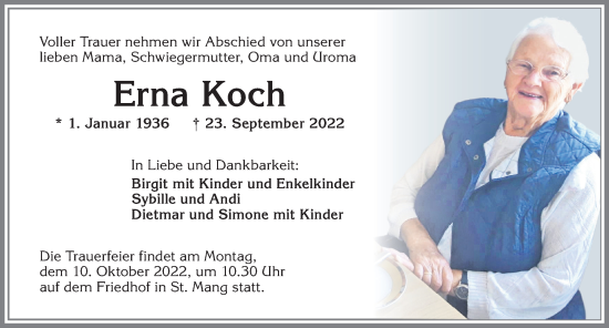 Traueranzeige von Erna Koch von Allgäuer Zeitung,Kempten