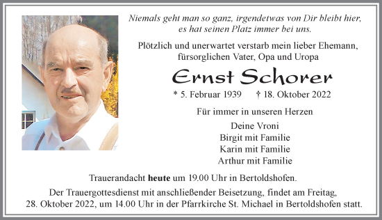 Traueranzeige von Ernst Schorer von Allgäuer Zeitung, Marktoberdorf