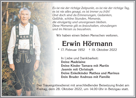 Traueranzeige von Erwin Hörmann von Allgäuer Zeitung,Kempten
