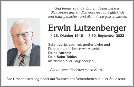 Traueranzeige von Erwin Lutzenberger von Allgäuer Zeitung, Kaufbeuren/Buchloe